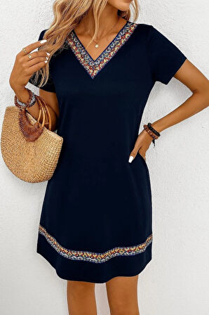 MDB Kadın Kısa Kollu V Yakalı Etnik Desen şerit Detaylı Viskon Elbise