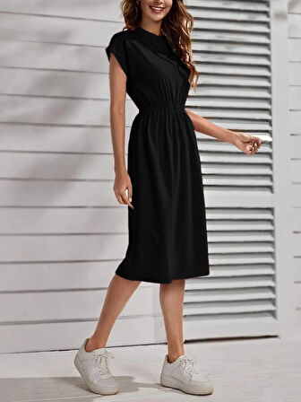 MDB Kadın Kısa Kollu Bisiklet Yaka Belden Lastikli Midi Viskon Elbise