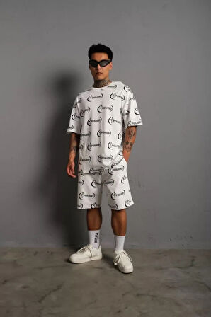 MDB Erkek Baskılı İkili Şortlu Takım  Beyaz