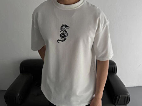 MDB Baskılı Oversize Bisiklet Yaka Tshirt  Beyaz