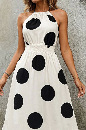 MDB Kadın Kolsuz Boyundan Bağlamalı Beli Lastikli Dijital Baskı Süprem Uzun Elbise