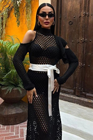 MDB Saten Kuşaklı Ajurlu Triko Elbise 2847