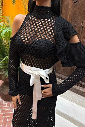 MDB Saten Kuşaklı Ajurlu Triko Elbise 2847