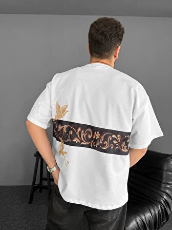 MDB Ön Ve Arka Baskılı Oversize Bisiklet Yaka Tshirt  Beyaz