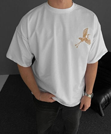 MDB Ön Ve Arka Baskılı Oversize Bisiklet Yaka Tshirt  Beyaz