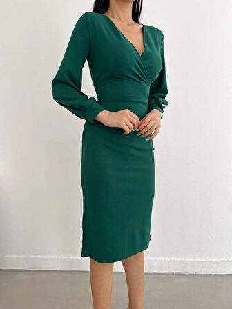 MDB Kadın Kruvaze Yaka Balon Kol idi Boy Elbise