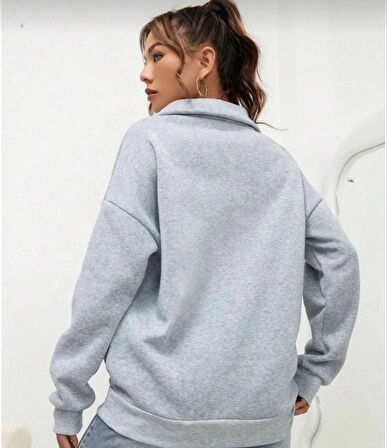 MDB Unisex Uzun Kol Yarım Farmuarlı Yakalı Basic weathirt  Gri