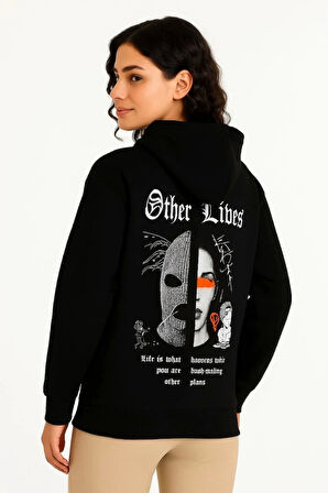 MDB Üç İplik Kapşonlu ön Ve Arka Baskılı weathirt Hoodie iyah