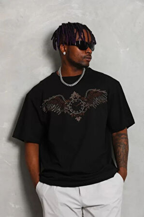 MDB Unisex Oversize Taşlı Bisiklet Yaka Thirt  iyah