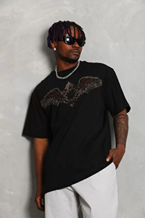 MDB Unisex Oversize Taşlı Bisiklet Yaka Thirt  iyah