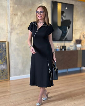 MDB Kadın Kısa Kollu Yakadan Ve Etekten Fermuarlı Midi Viskon Iki Iplik Elbise