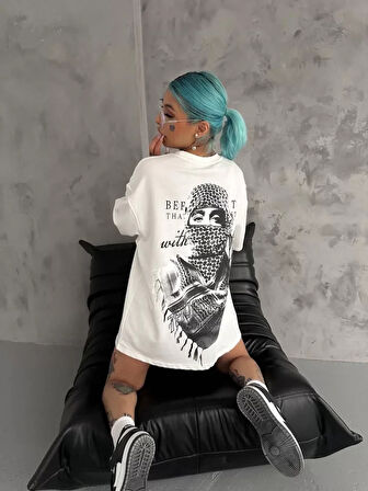 MDB Unisex Baskılı Oversize Thirt  Beyaz