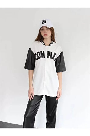 MDB Complex Kolları Deri Kolej Oversize Tshirt  Beyaz