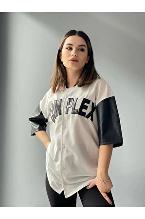 MDB Complex Kolları Deri Kolej Oversize Tshirt  Beyaz