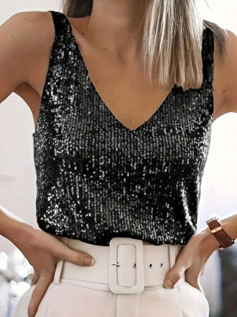 MDB Pul Payetli Sıfır Kol Bluz Siyah