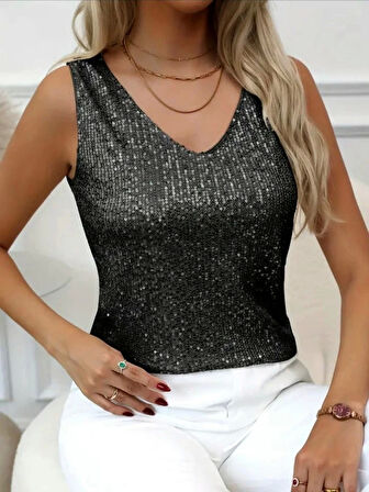 MDB Pul Payetli Sıfır Kol Bluz Siyah