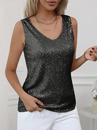 MDB Pul Payetli Sıfır Kol Bluz Siyah