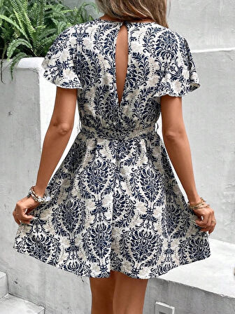 MDB Kadın Kısa Kollu V Yakalı Beli Kuşaklı Desenli Sofya Elbise