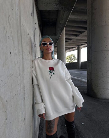 MDB Oversize Üç İplik Bisiklet Yaka Baskılı weathirt  Beyaz