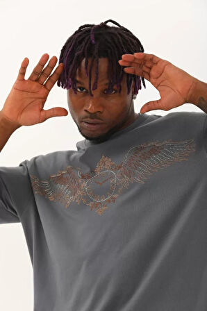 MDB Unisex Oversize Taşlı Bisiklet Yaka Thirt  Füme