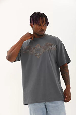 MDB Unisex Oversize Taşlı Bisiklet Yaka Thirt  Füme