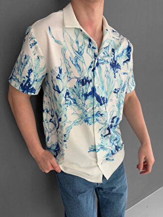 MDB İki İplik Kumaş Baskılı Gömlek  Beyaz