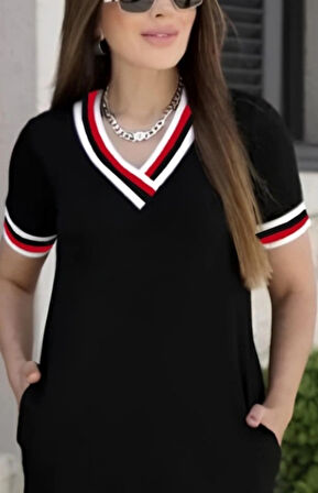 MDB Kadın Kısa Kollu V Yaka Ve Yaka Ribana Detay Midiboy Viskon Elbise