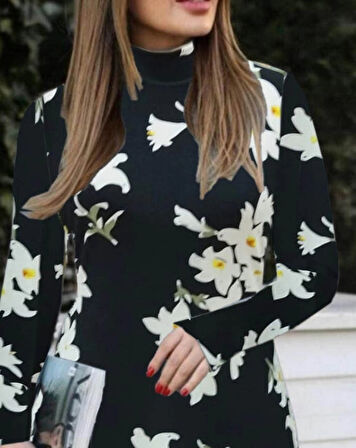 MDB Kadın Balıkçı Yaka Uzun Kollu çiçek Desenli Krep Elbise