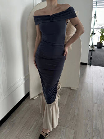 MDB triptiz Omuzlu Uzun Elbise Füme