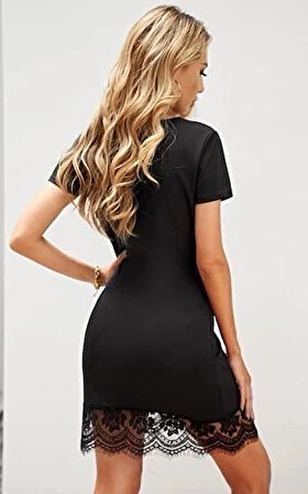 MDB Kadın Kısa Kollu Kalp Yakalı Dantelli Dalgıç Elbise