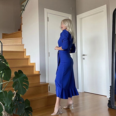 MDB Krep Kumaş idi Boy Kuşaklı Uzunkol Elbise