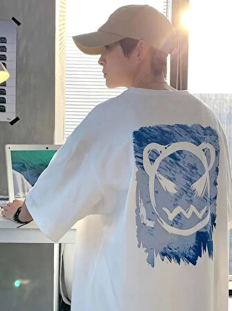 MDB Baskılı Oversize Bisiklet Yaka Tshirt  Beyaz