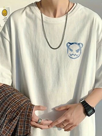 MDB Baskılı Oversize Bisiklet Yaka Tshirt  Beyaz