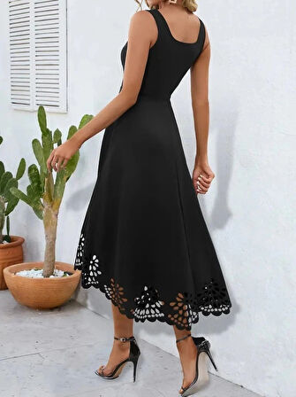 MDB Kadın Askılı Geometrik Yaka çiçek Lazer Kesim Ithal Krep Elbise