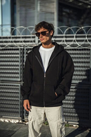 MDB Oversize Tam Fermuarlı Uzun Kol Hırka  iyah