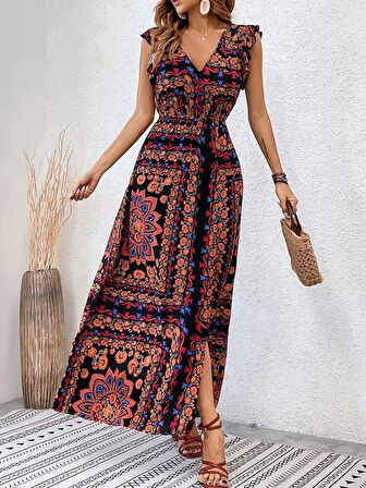 MDB Kadın Kısa Kollu V Yakalı Deseni Yırtmaçlı Süprem Elbise