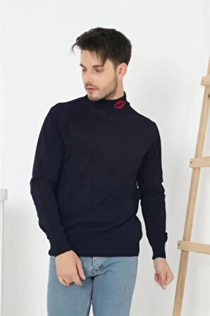 MDB Unisex Yarım Boğazlı Baskılı Dokuma Triko  acivert