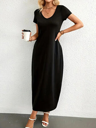 MDB Kadın Kısa Kollu Yakası Yuvarlak Cepli Viskon Elbise