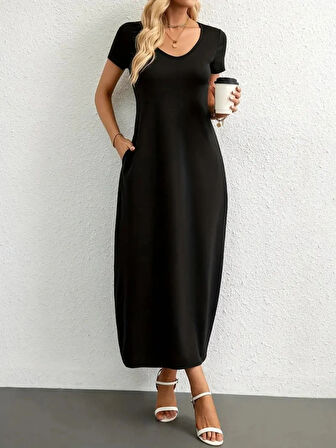 MDB Kadın Kısa Kollu Yakası Yuvarlak Cepli Viskon Elbise