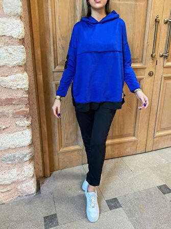 MDB Kadın Kapşonlu Etek Ucu Detay Armalı Ters Dikiş Gorunumlu Ikili Takım