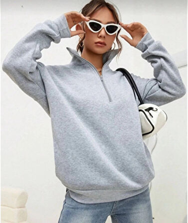 MDB Unisex Uzun Kol Yarım Farmuarlı Yakalı Basic weathirt  Gri