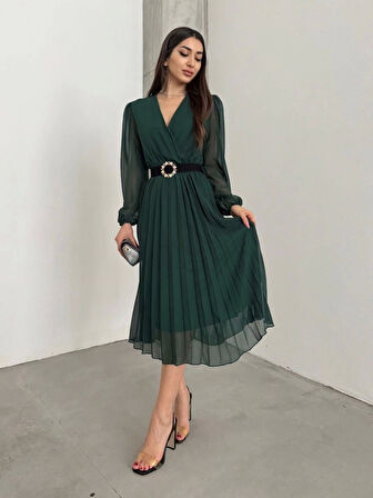 MDB Kadın şifon Kumaş Astalı Kloş Kesim Kruvaze Yaka idi Boy Elbise