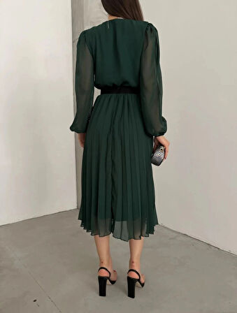 MDB Kadın şifon Kumaş Astalı Kloş Kesim Kruvaze Yaka idi Boy Elbise