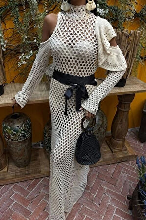 MDB Saten Kuşaklı Ajurlu Triko Elbise 2847