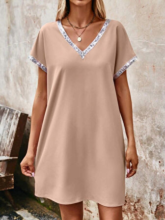 MDB Kadın Yaka Ve Kol Pul Payet şeritli Ithal Krep Elbise