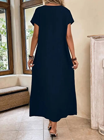 MDB Kadın Uzun Kollu Yakası Açık Viskon Elbise