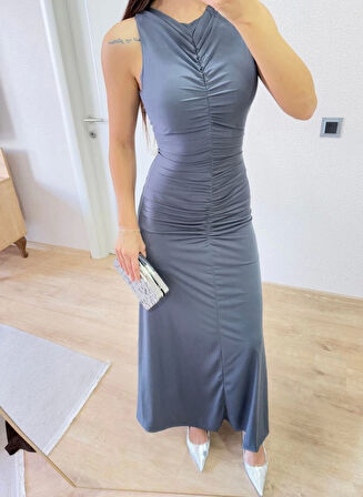 MDB Kolsuz Büzgülü Uzun Elbise  Füme