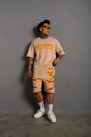 MDB Erkek Alev Baskılı İkili Şortlu Takım  Bej