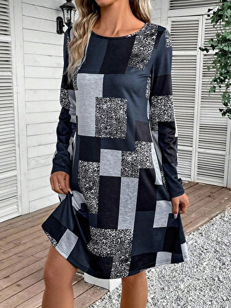 MDB Kadın Uzun Kollu Yuvarlak Yaka Geometrik Süprem Elbise