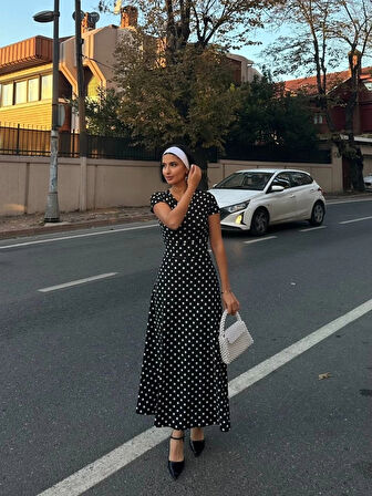 MDB Kadın Kısa Kollu Bisiklet Yaka Puantiyeli Maksi örme Krep Elbise